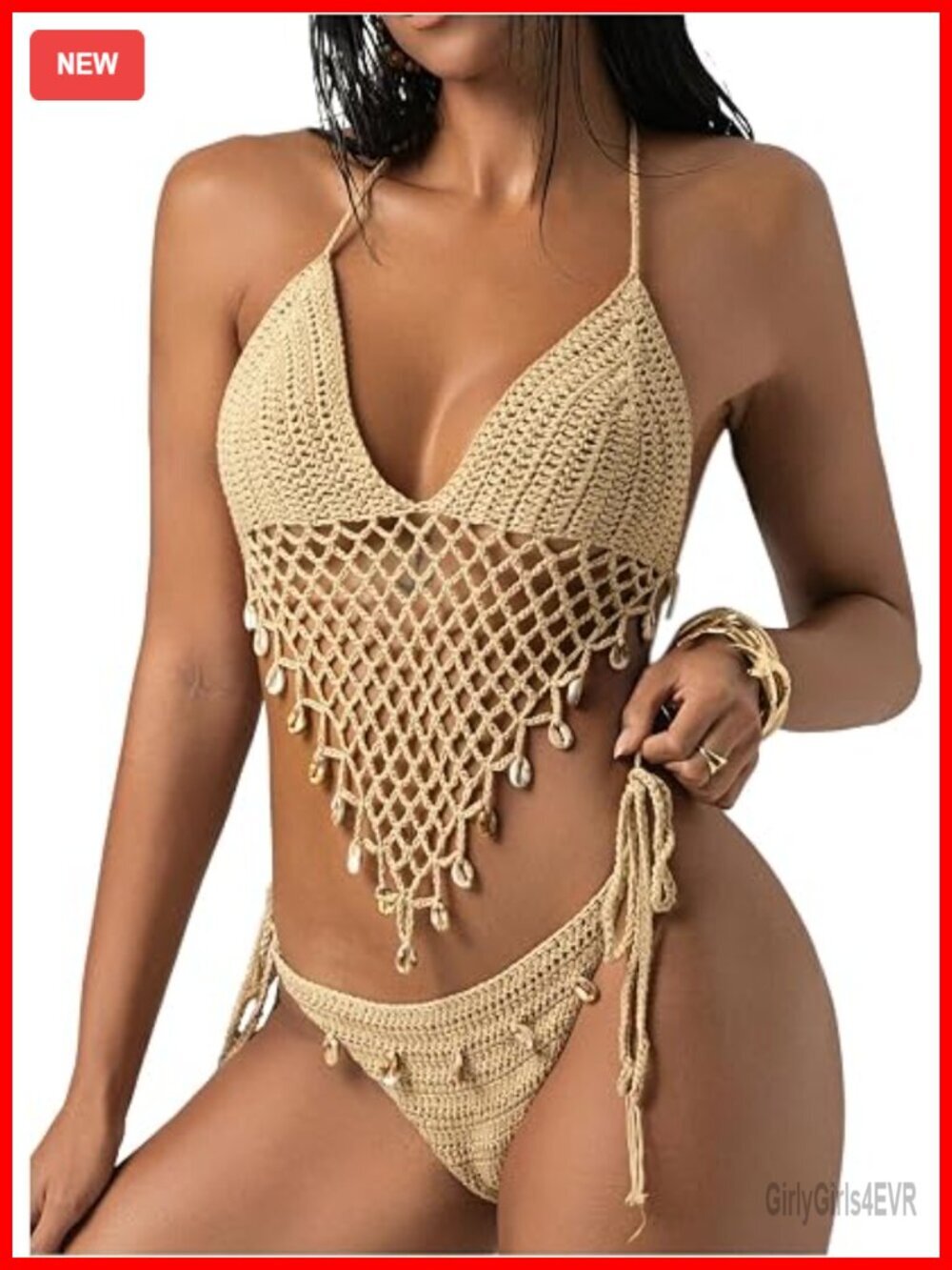 Women's Boho Hollow Out Halter Bikini Sets Shell Crochet Summer Beach Swimsuit